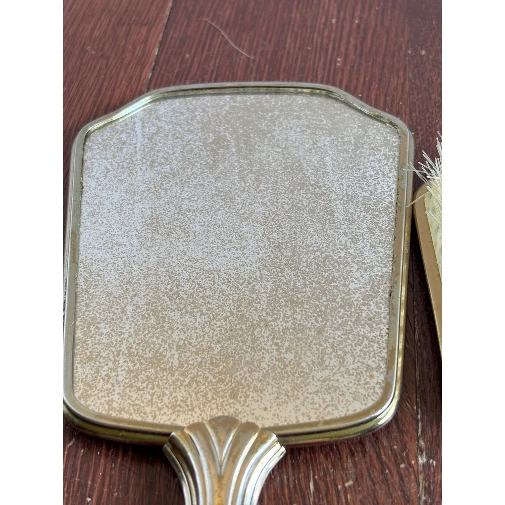 Vintage Floral Guilloche Vanity Set Hand Mirror Brush Comb Gold Tone 3pc